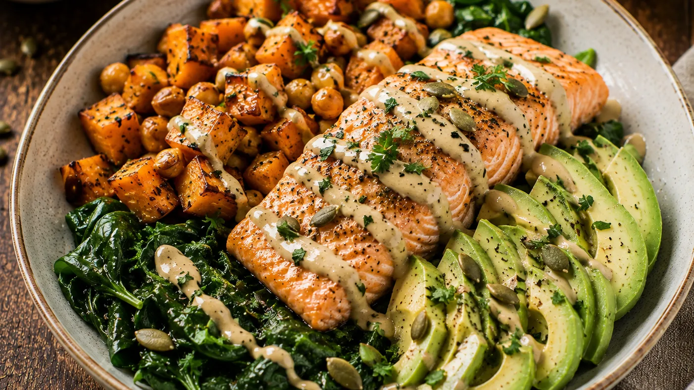Bowl tiède de saumon, patate douce rôtie, épinards et sauce tahini-citron