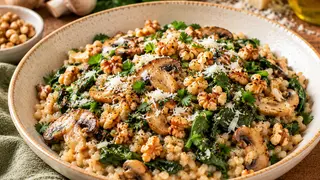 Risotto de riz complet aux champignons, épinards et noix