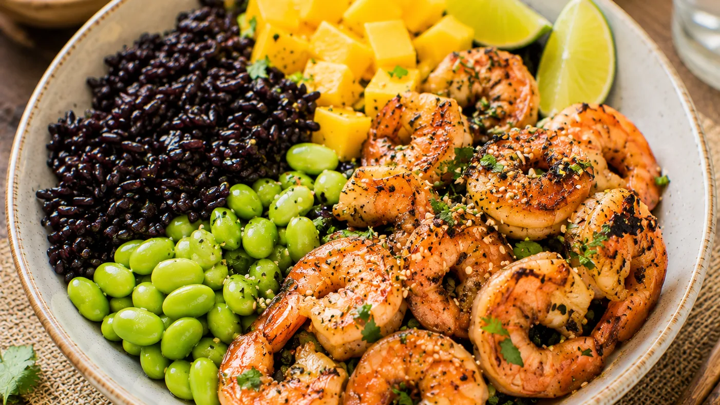 Crevettes grillées au gingembre, riz noir, edamame et mangue