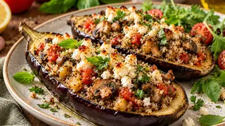 Aubergines farcies au quinoa, champignons et feta