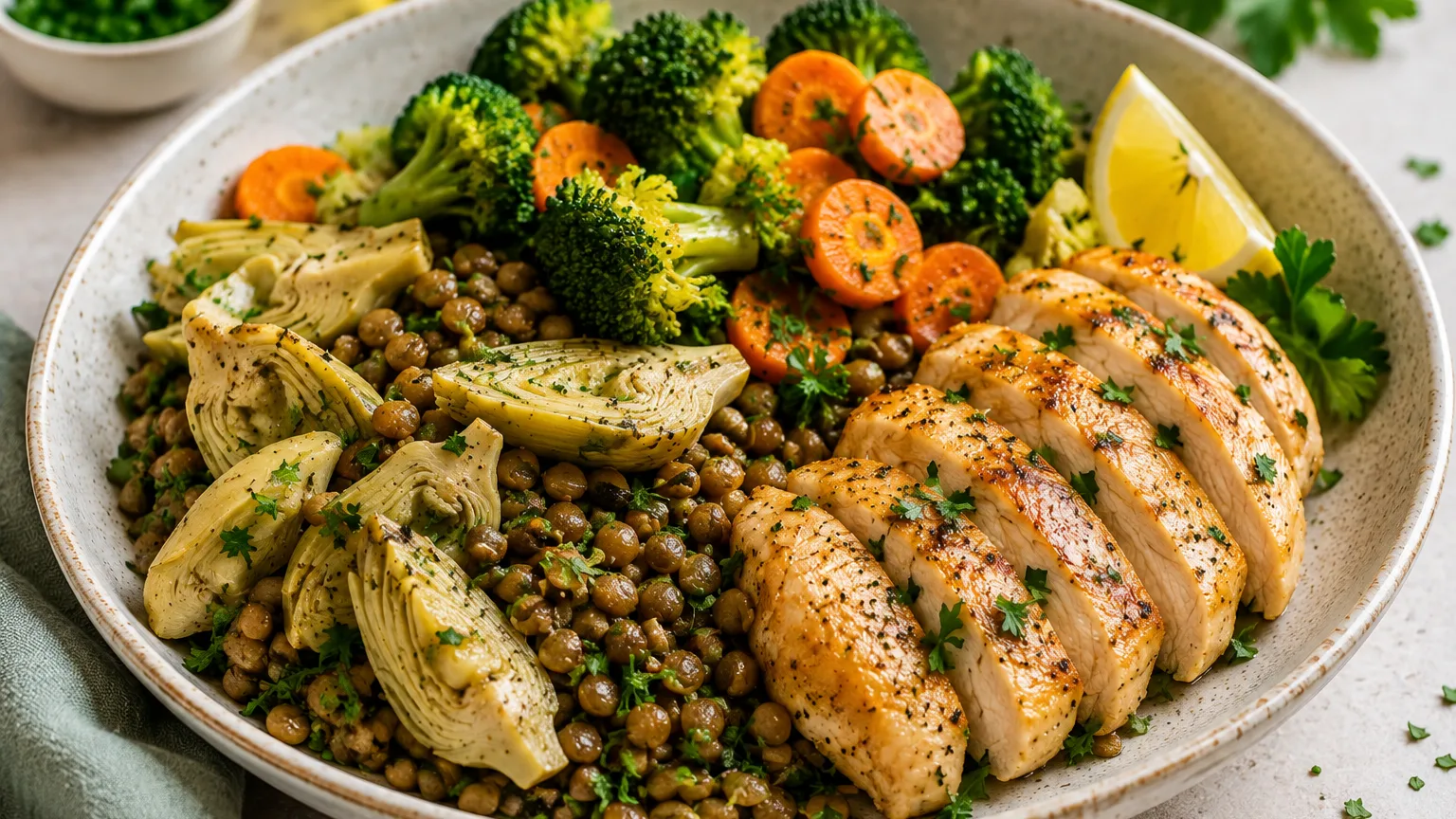 Poulet aux artichauts, lentilles et brocoli citronné