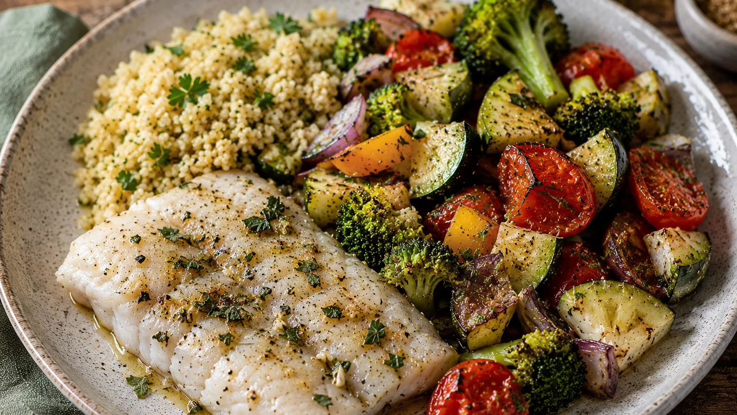 Filet de merlu, boulgour aux herbes et légumes méditerranéens