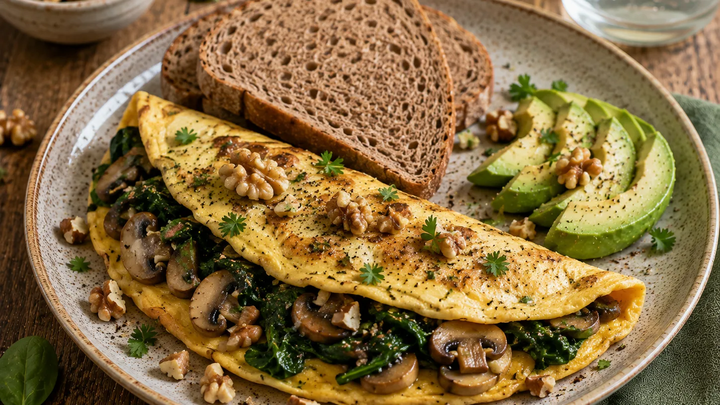 Omelette aux épinards, champignons et noix, avec pain au sarrasin