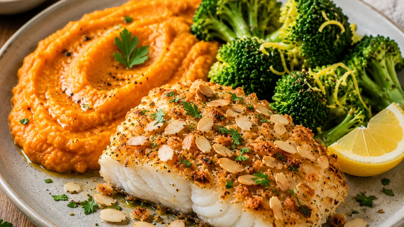 Cabillaud croustillant aux amandes, purée de patate douce et brocoli citronné