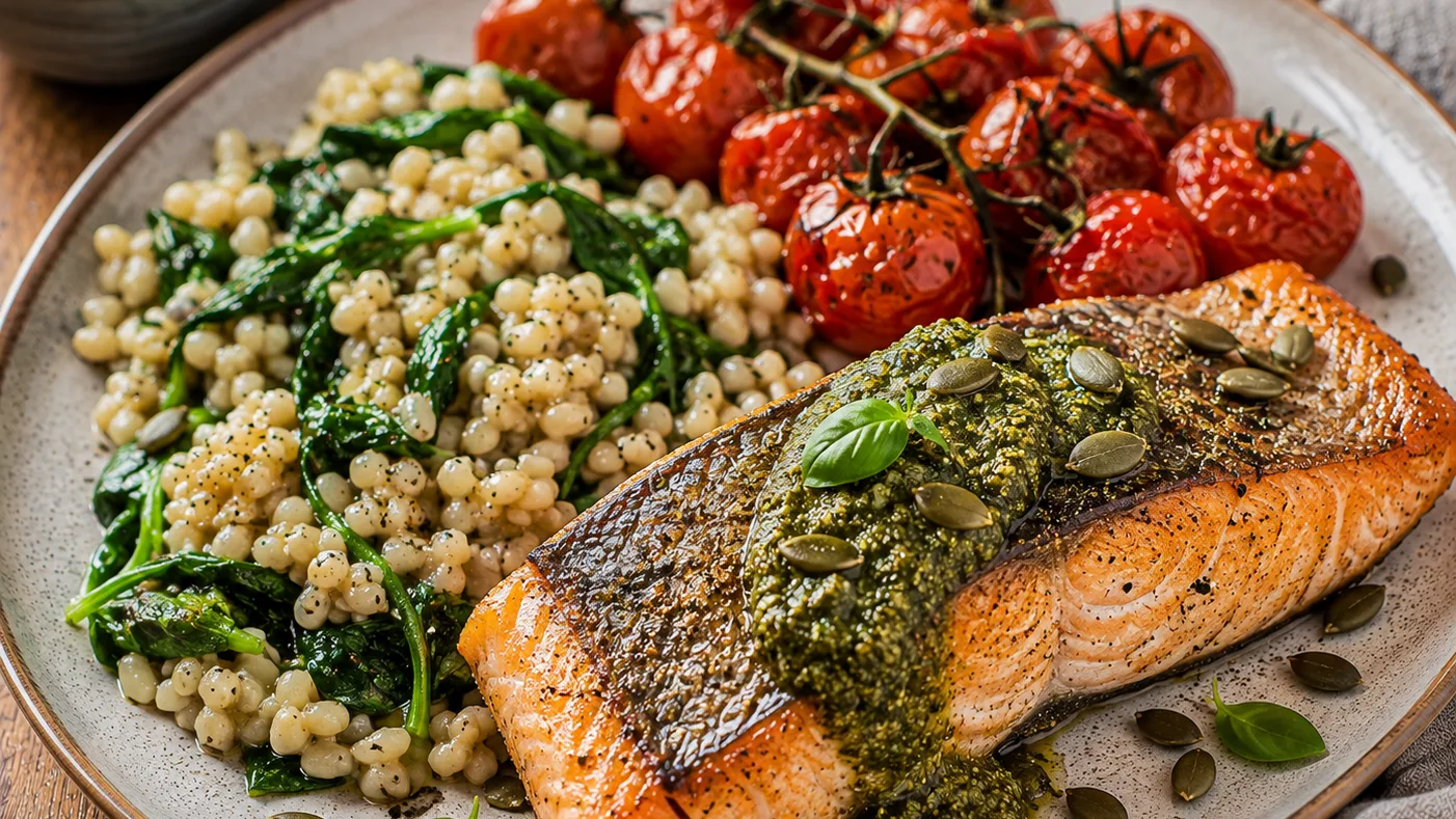 Pavé de truite aux tomates rôties, orge perlé crémeux et pesto de graines de courge