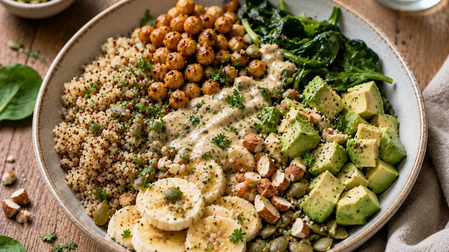 Bowl de quinoa, pois chiches, avocat et épinards