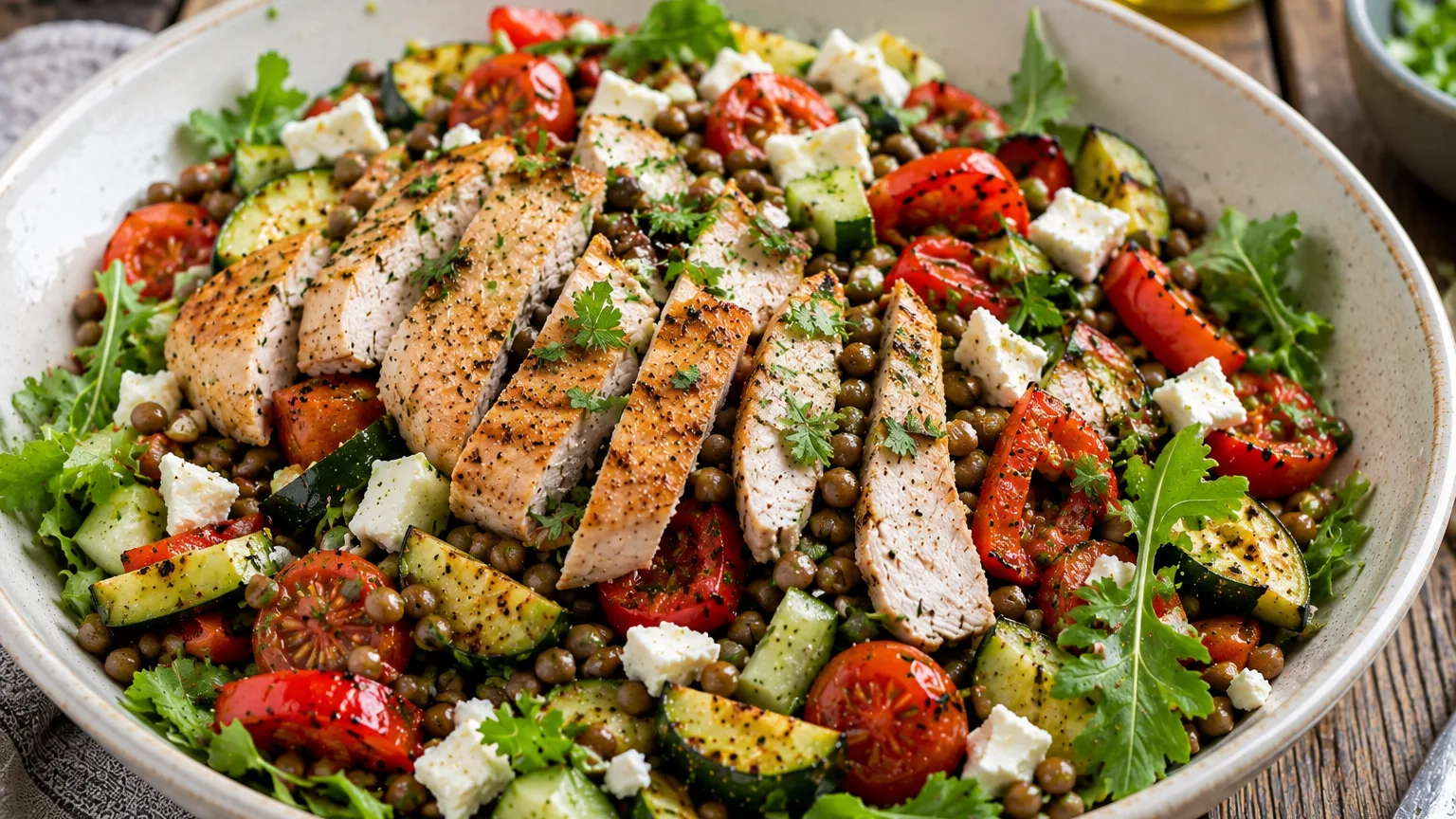 Salade tiède de poulet, lentilles et légumes grillés