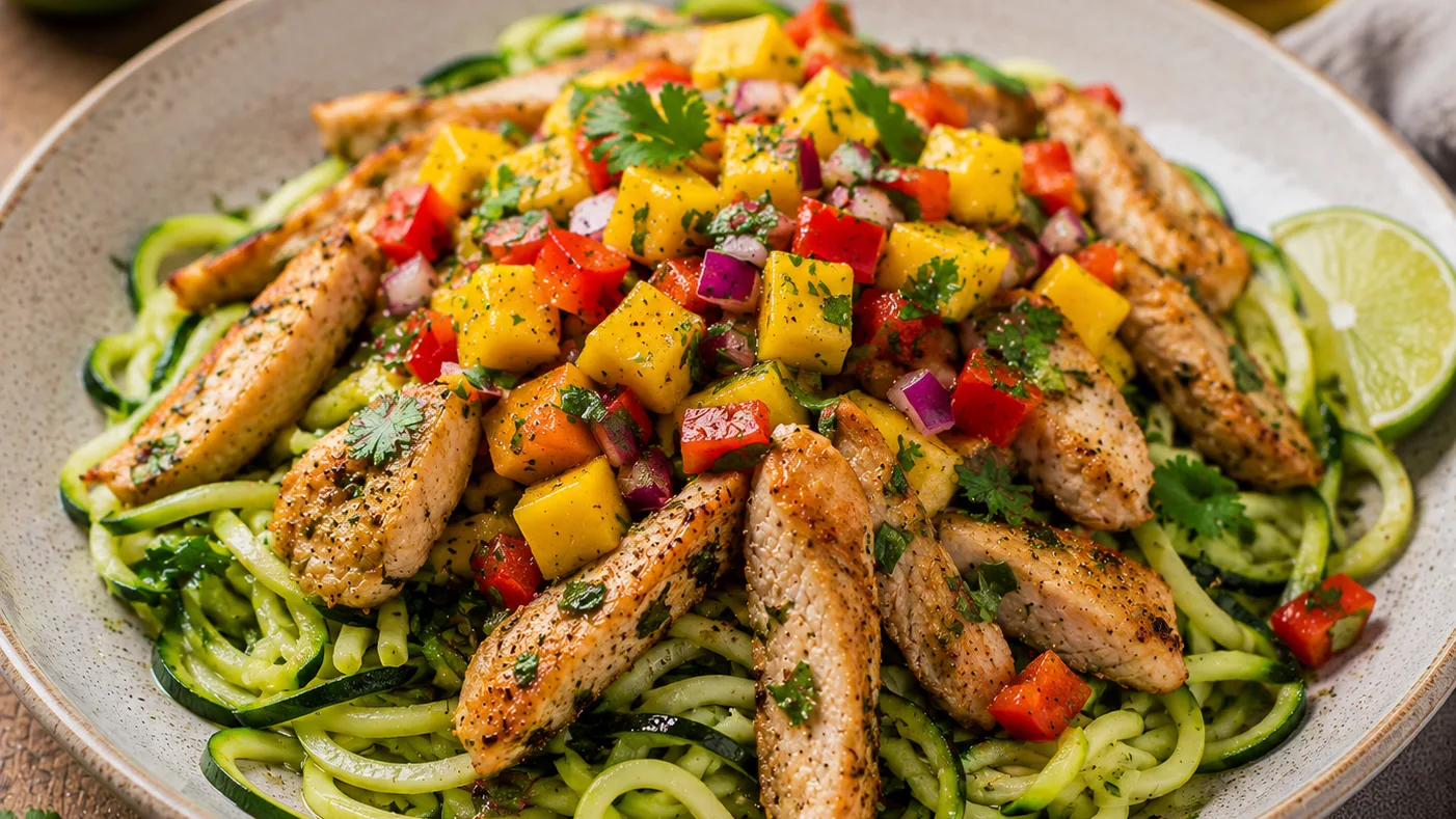 Émincé de poulet au citron vert, nouilles de courgette et salsa de mangue épicée