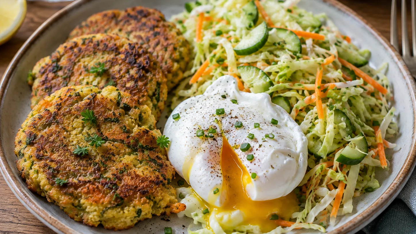 Galettes de semoule aux légumes, œuf poché et salade croquante