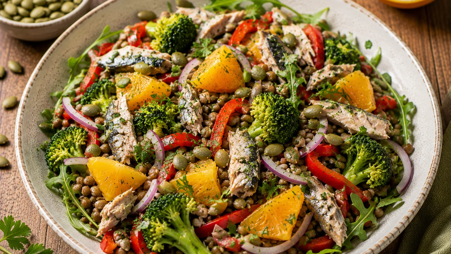 Salade tiède de lentilles, sardines, orange et brocoli