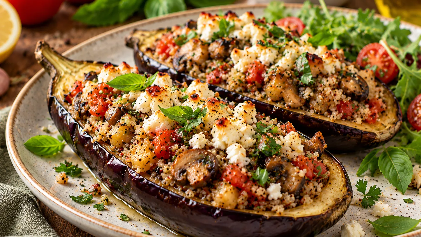 Aubergines farcies au quinoa, champignons et feta