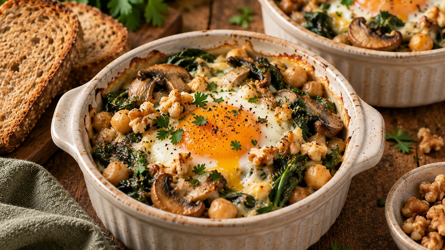 Œufs cocotte aux champignons, pois chiches et pain complet