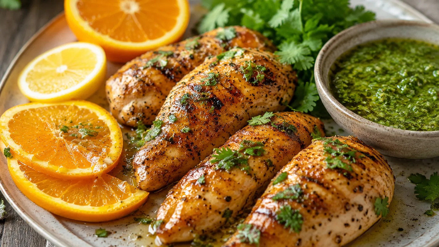 Poulet rôti aux agrumes et au miel, sauce à la coriandre