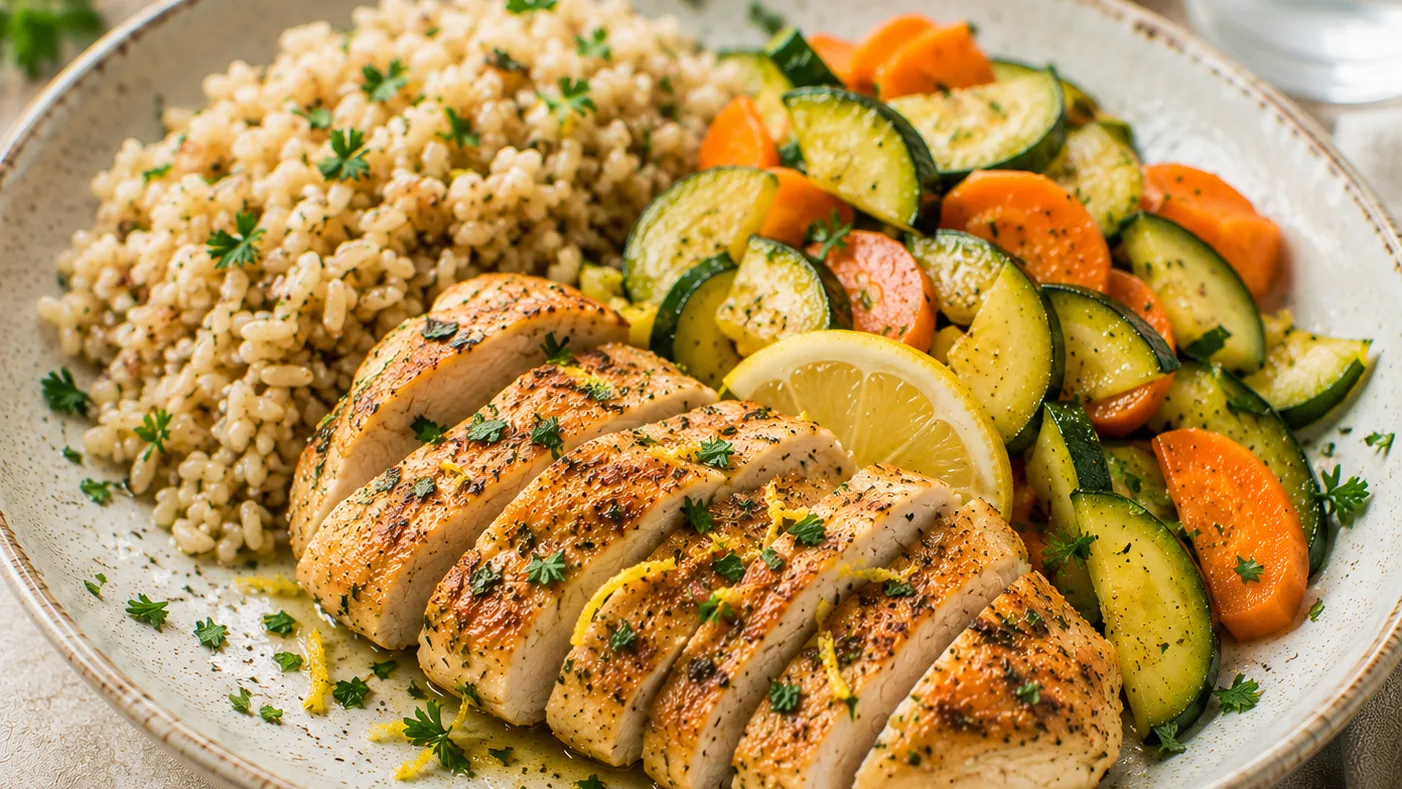 Poulet citronné aux herbes, riz complet et courgettes fondantes