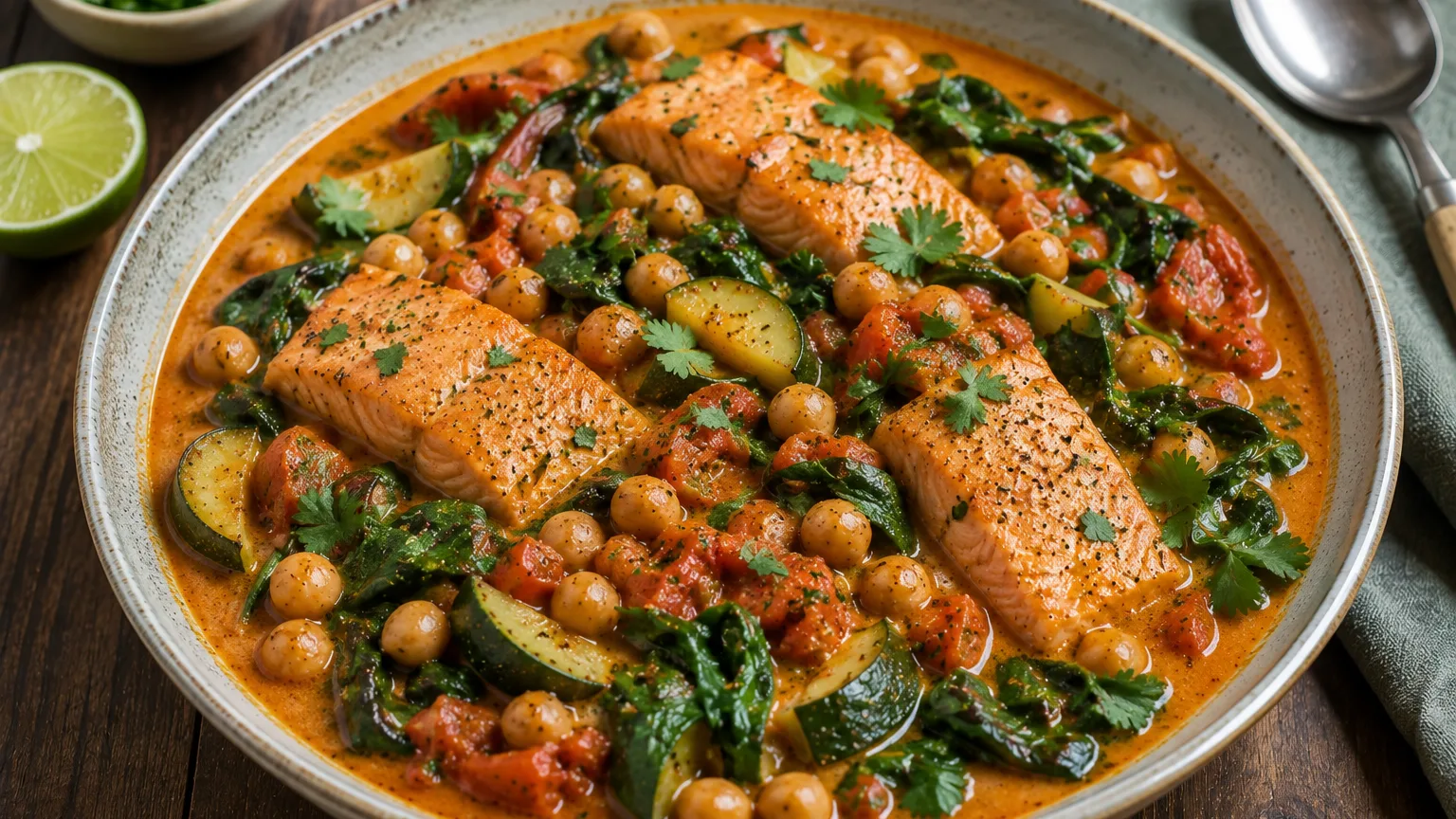 Curry doux de saumon, tomates, épinards et pois chiches
