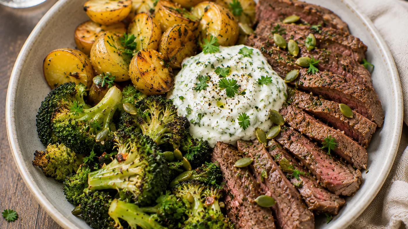 Bowl de bœuf mariné, pommes de terre grenaille, brocoli rôti et sauce au yaourt
