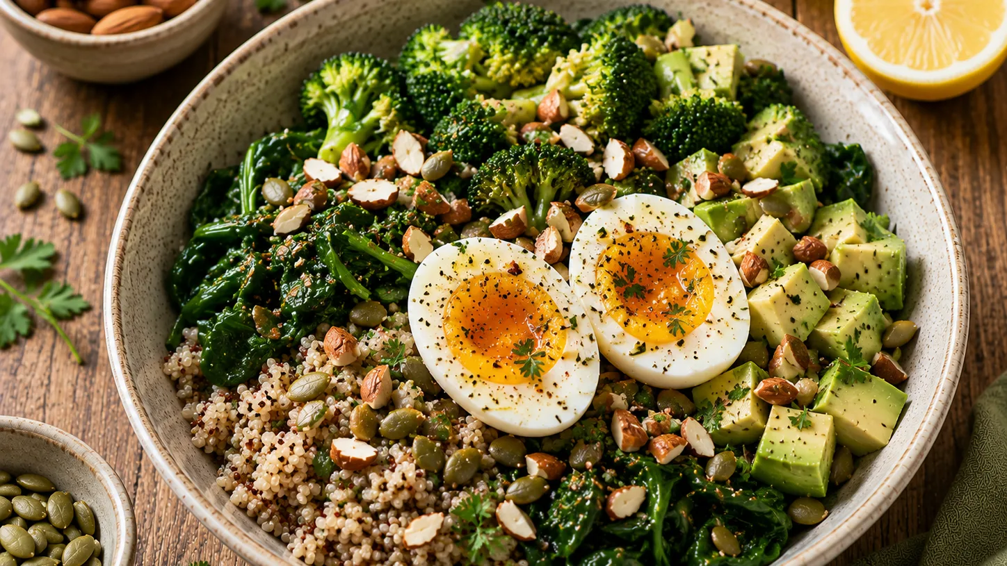 Quinoa aux œufs mollets, brocoli, avocat et amandes