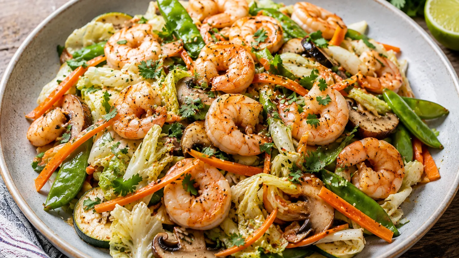 Crevettes sautées, chou chinois et légumes croquants