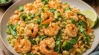 Crevettes sautées au gingembre, riz de chou-fleur et légumes croquants
