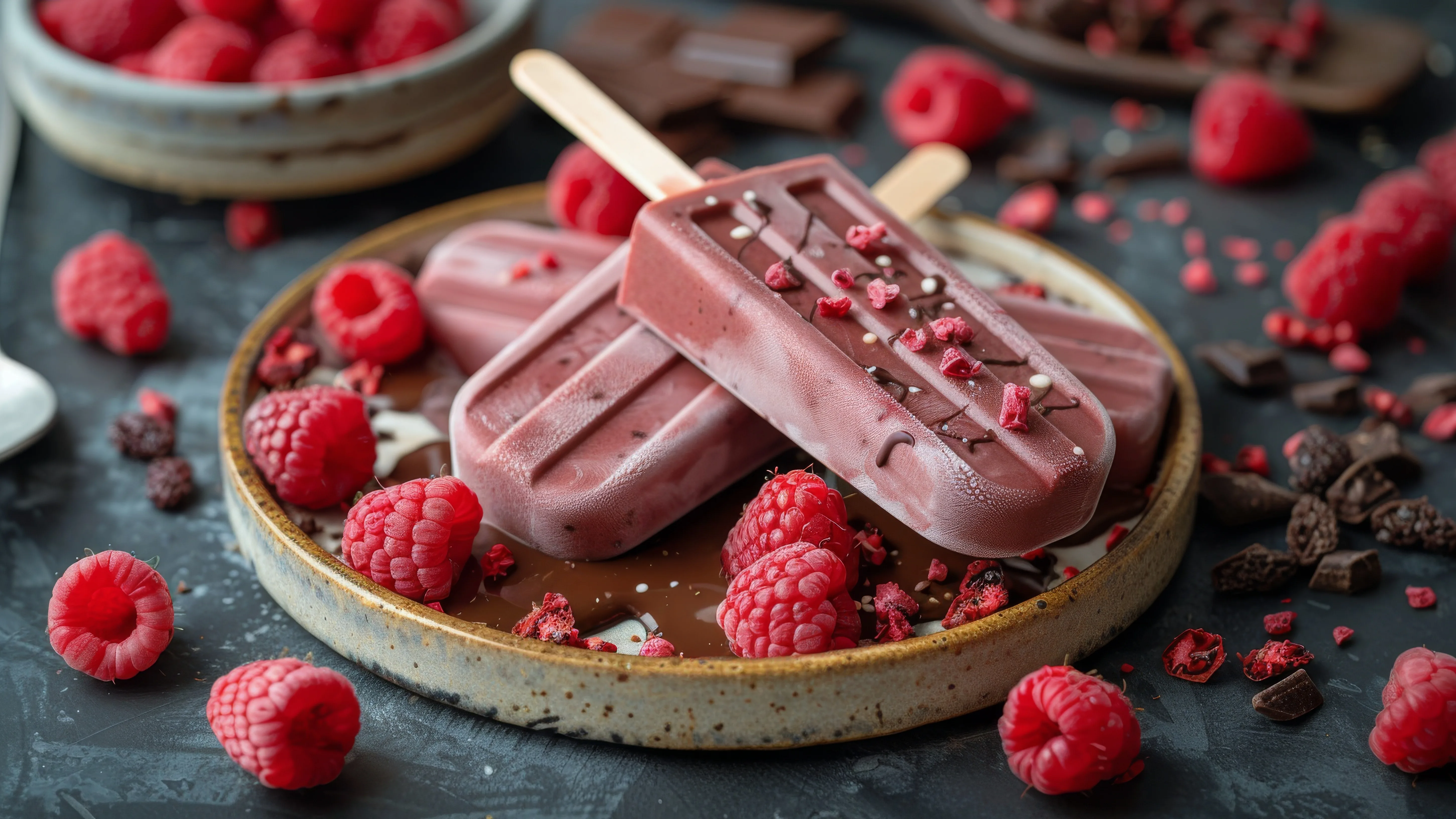Popsicles chocolat noir et framboises