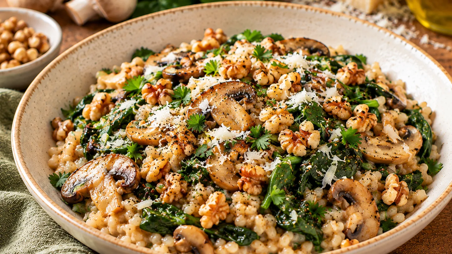 Risotto de riz complet aux champignons, épinards et noix