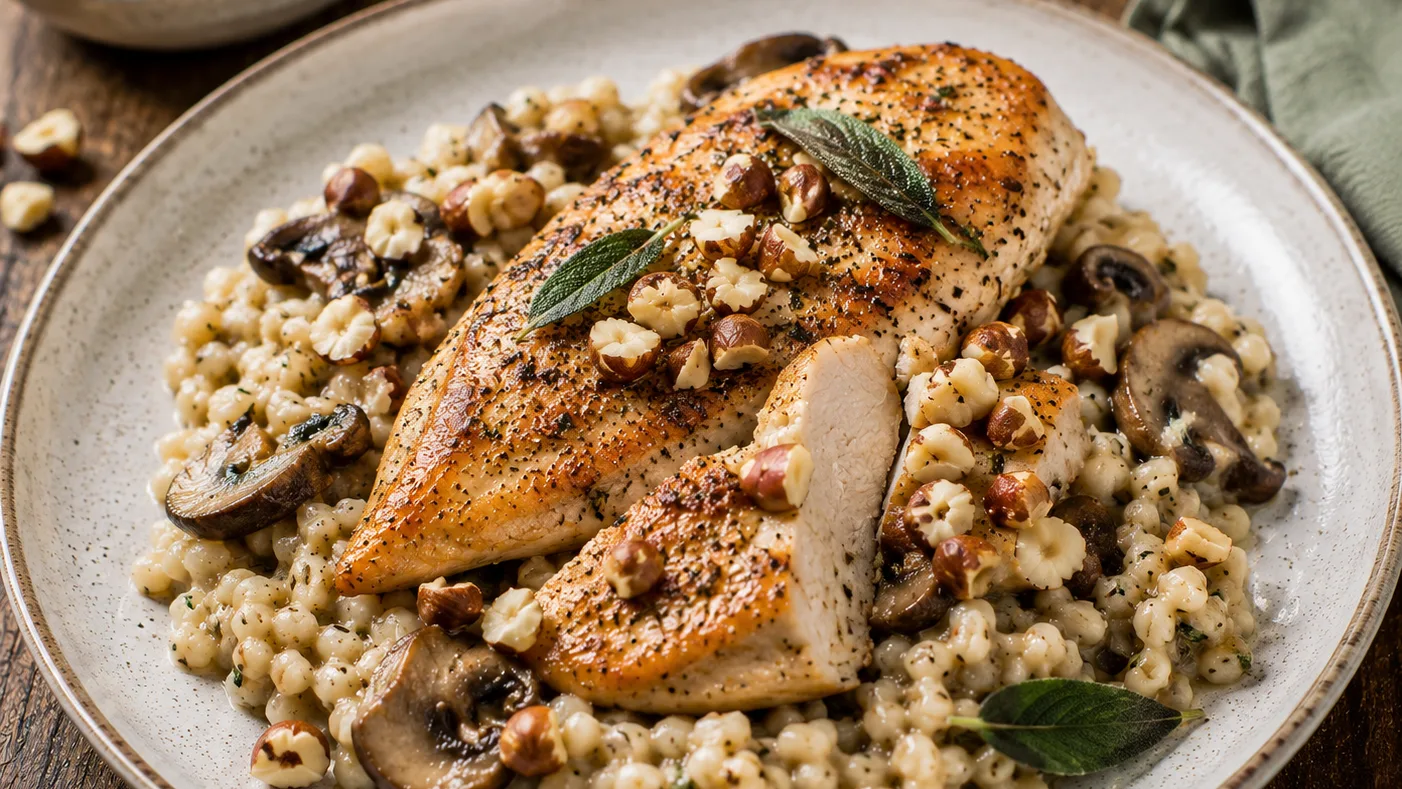Poulet fondant à la sauge, risotto d'orge aux champignons et noisettes torréfiées