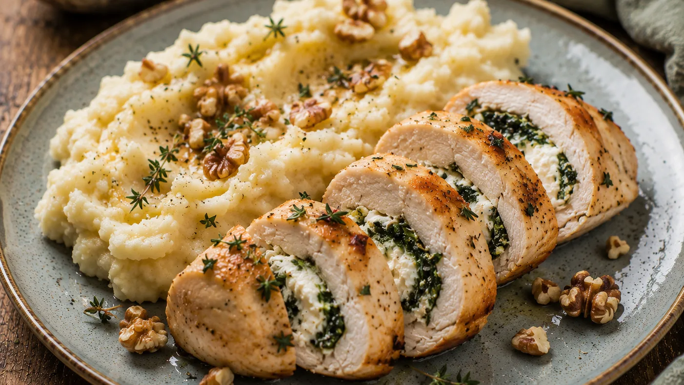Filet de poulet farci à la ricotta et aux épinards, écrasé de panais et noix grillées