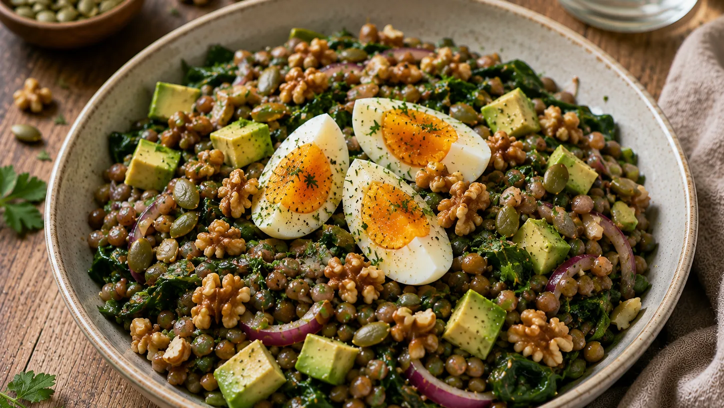 Salade tiède de lentilles, œufs, épinards et noix