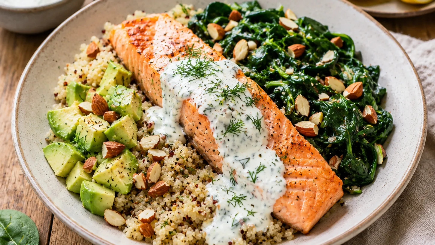 Saumon aux épinards, quinoa et sauce au yaourt citronné