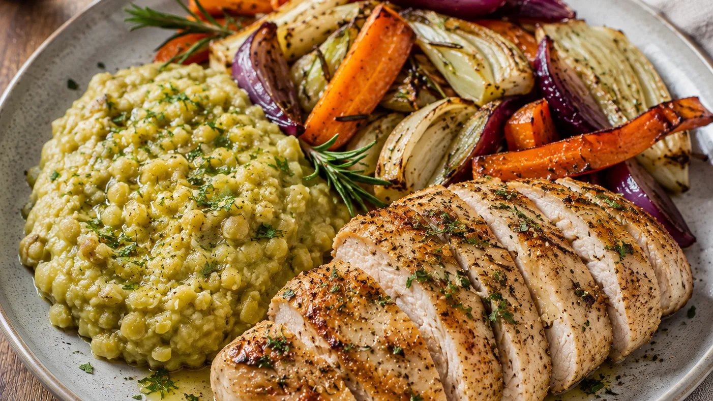 Suprême de dinde aux herbes, écrasé de pois cassés et légumes rôtis au romarin
