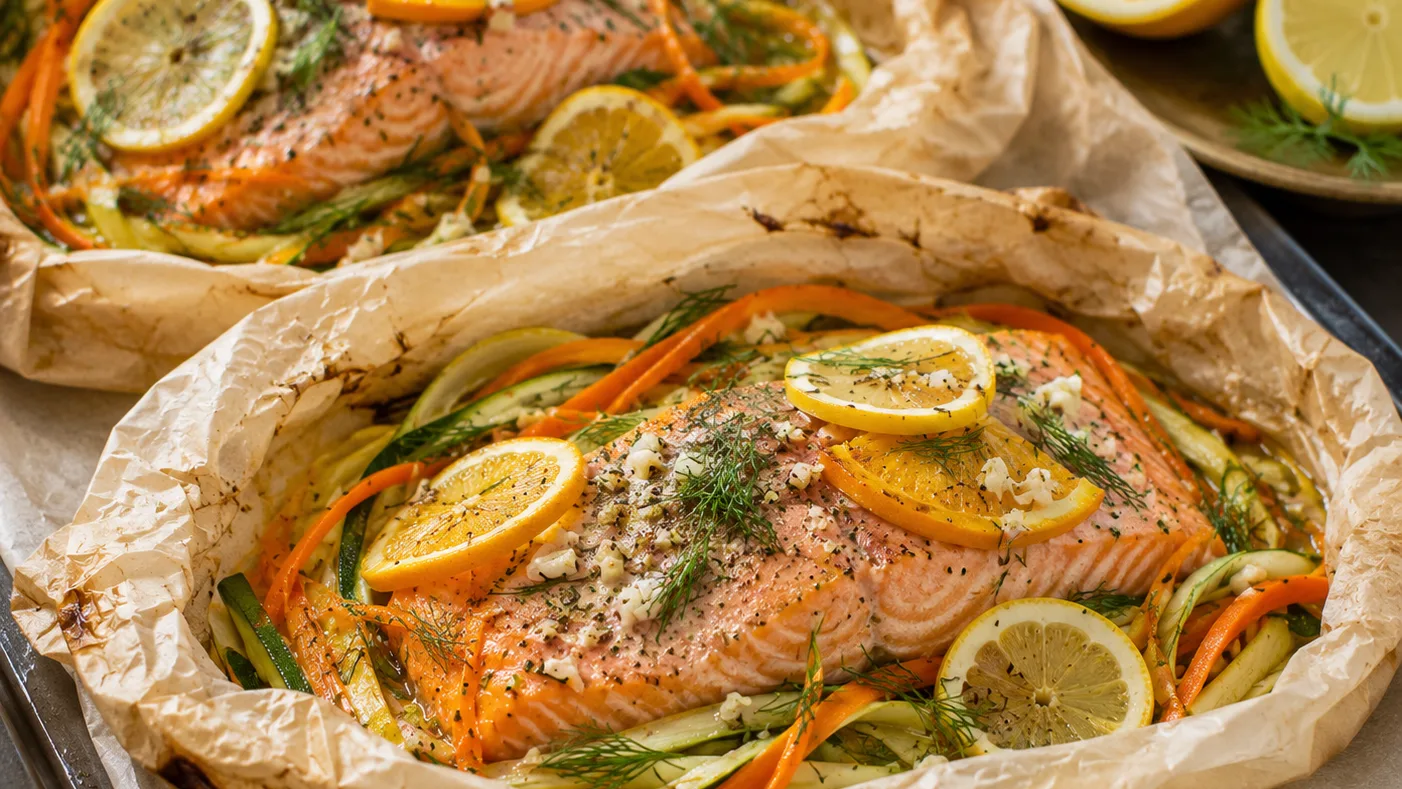 Papillote de saumon aux légumes colorés et agrumes