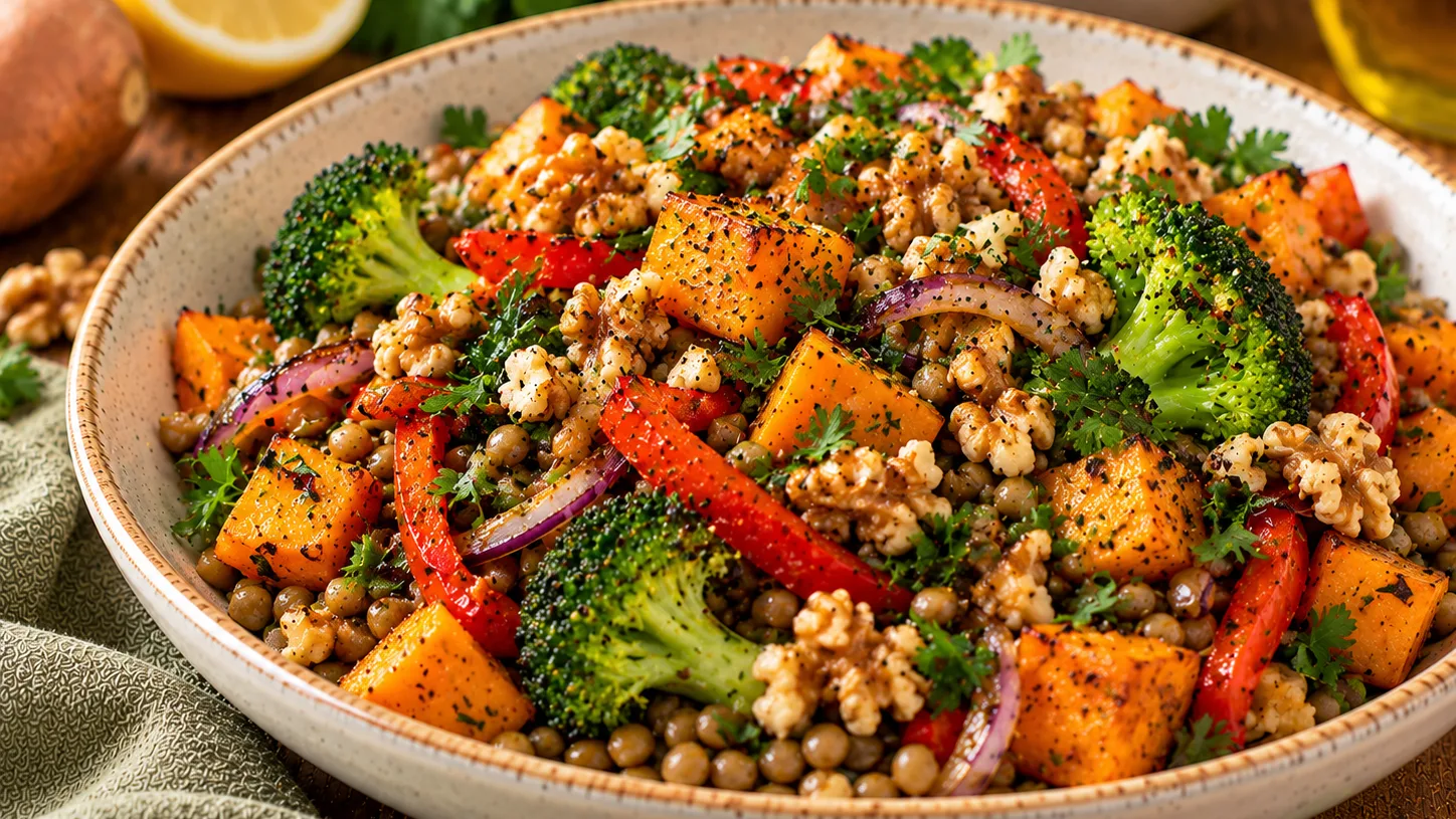 Salade tiède de lentilles, patate douce, brocoli et noix