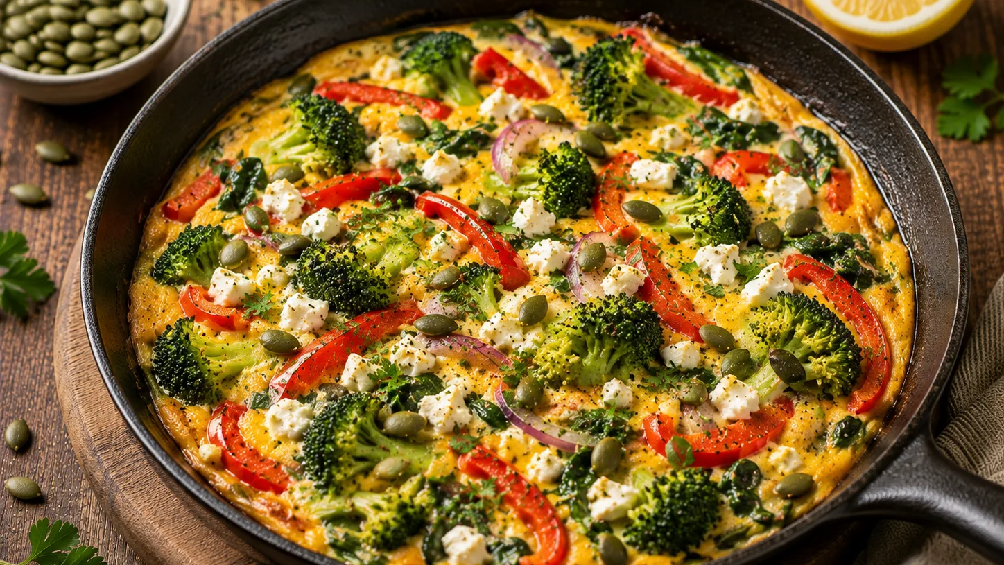 Frittata au brocoli, poivron rouge, épinards et feta