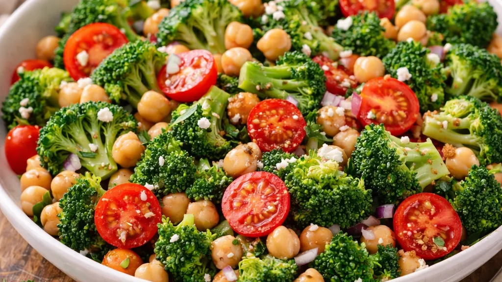 Salade de brocoli, pois chiches et tomates cerises
