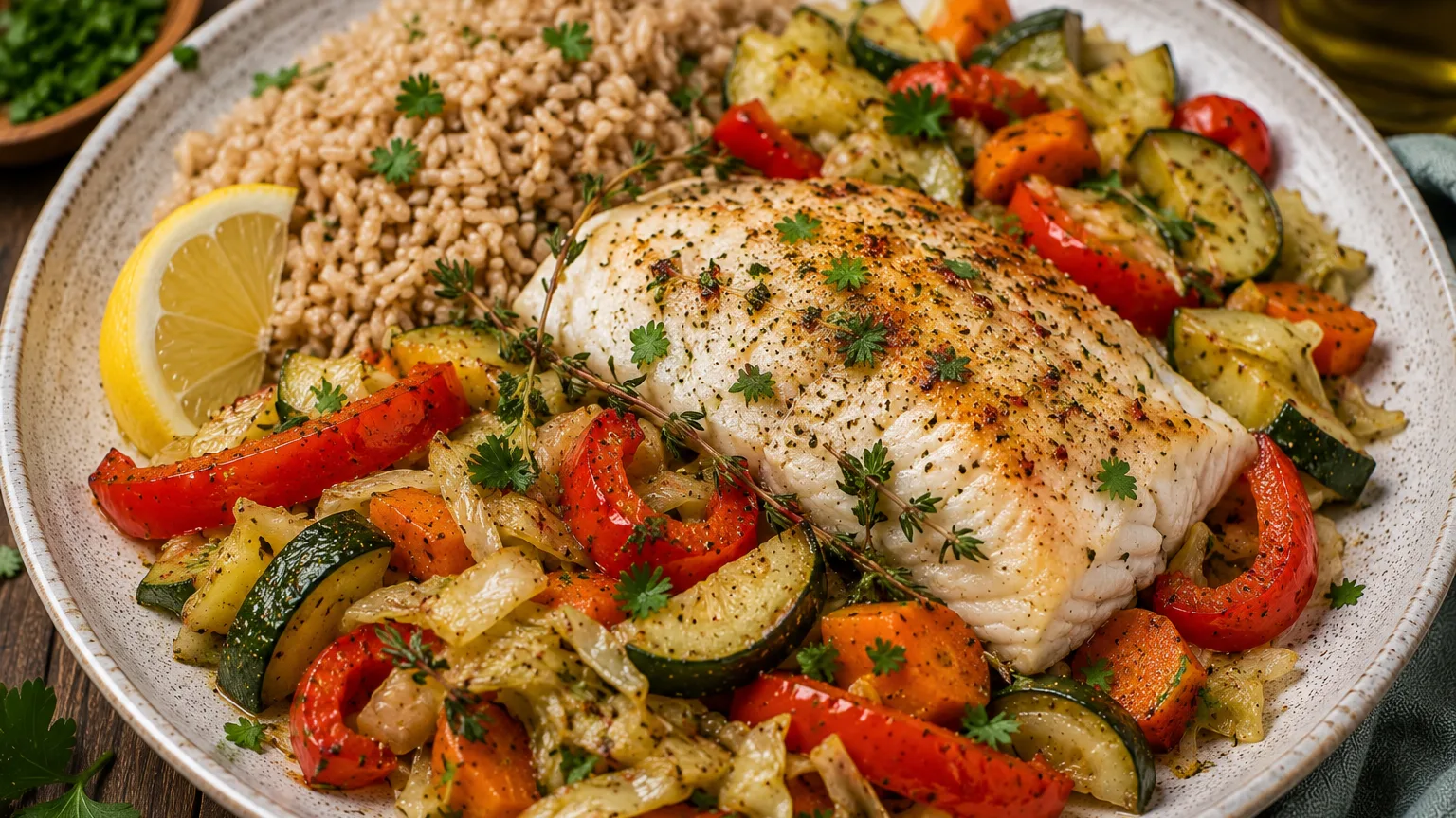 Cabillaud rôti, riz complet et légumes méditerranéens