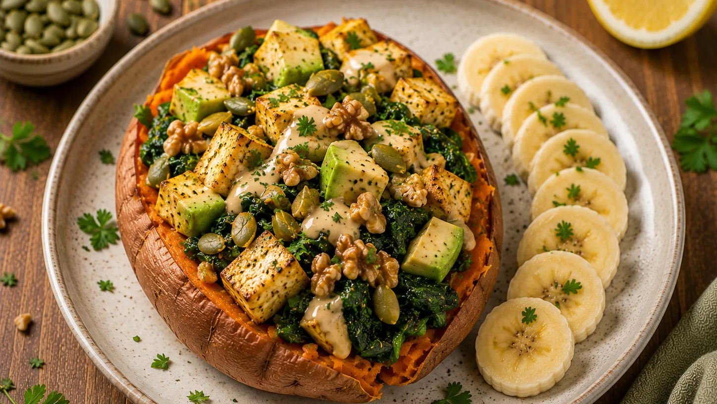Patate douce farcie au tofu, épinards et noix