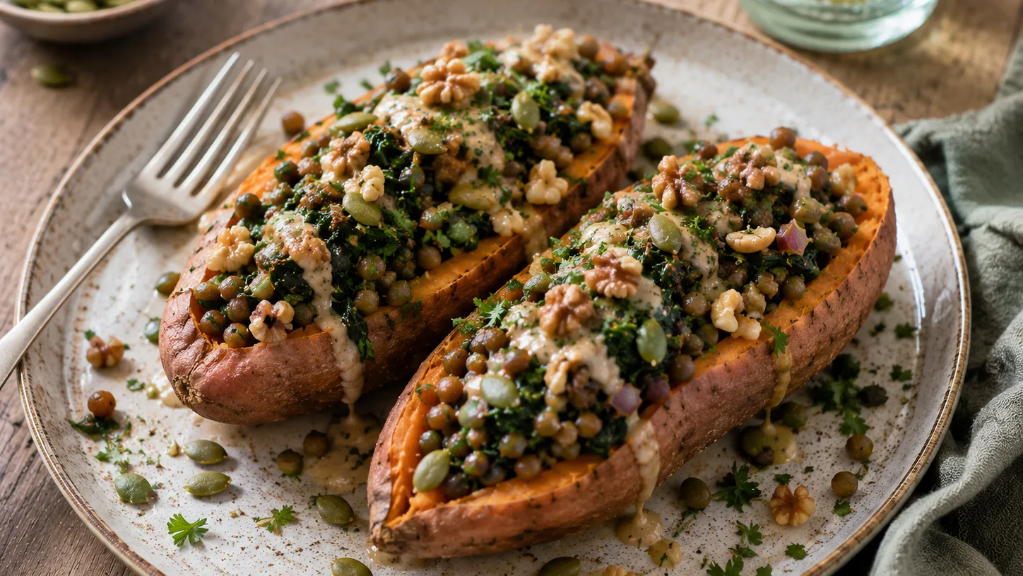 Patate douce farcie aux lentilles, épinards et noix