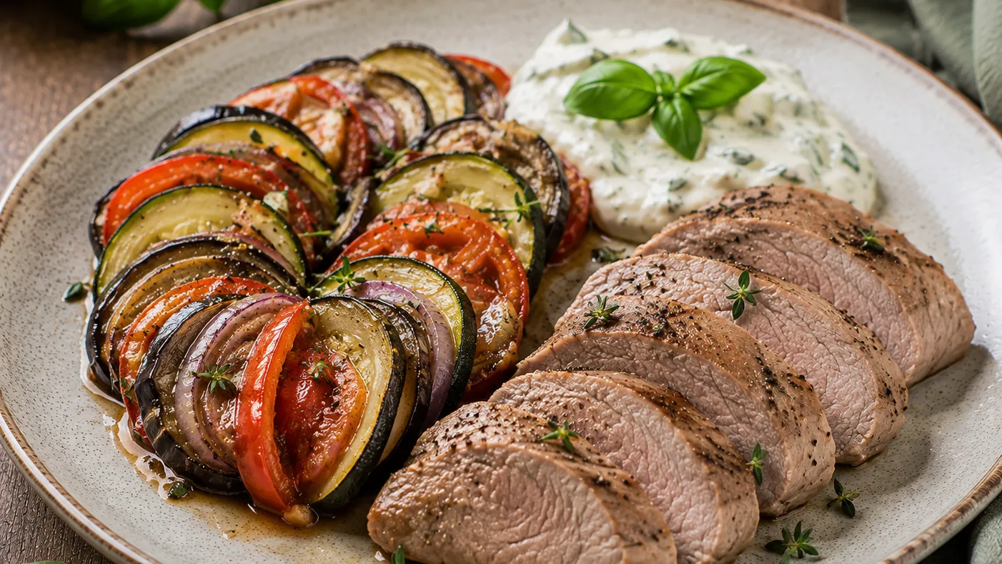 Filet de veau grillé, tian de légumes du soleil et crème légère au basilic