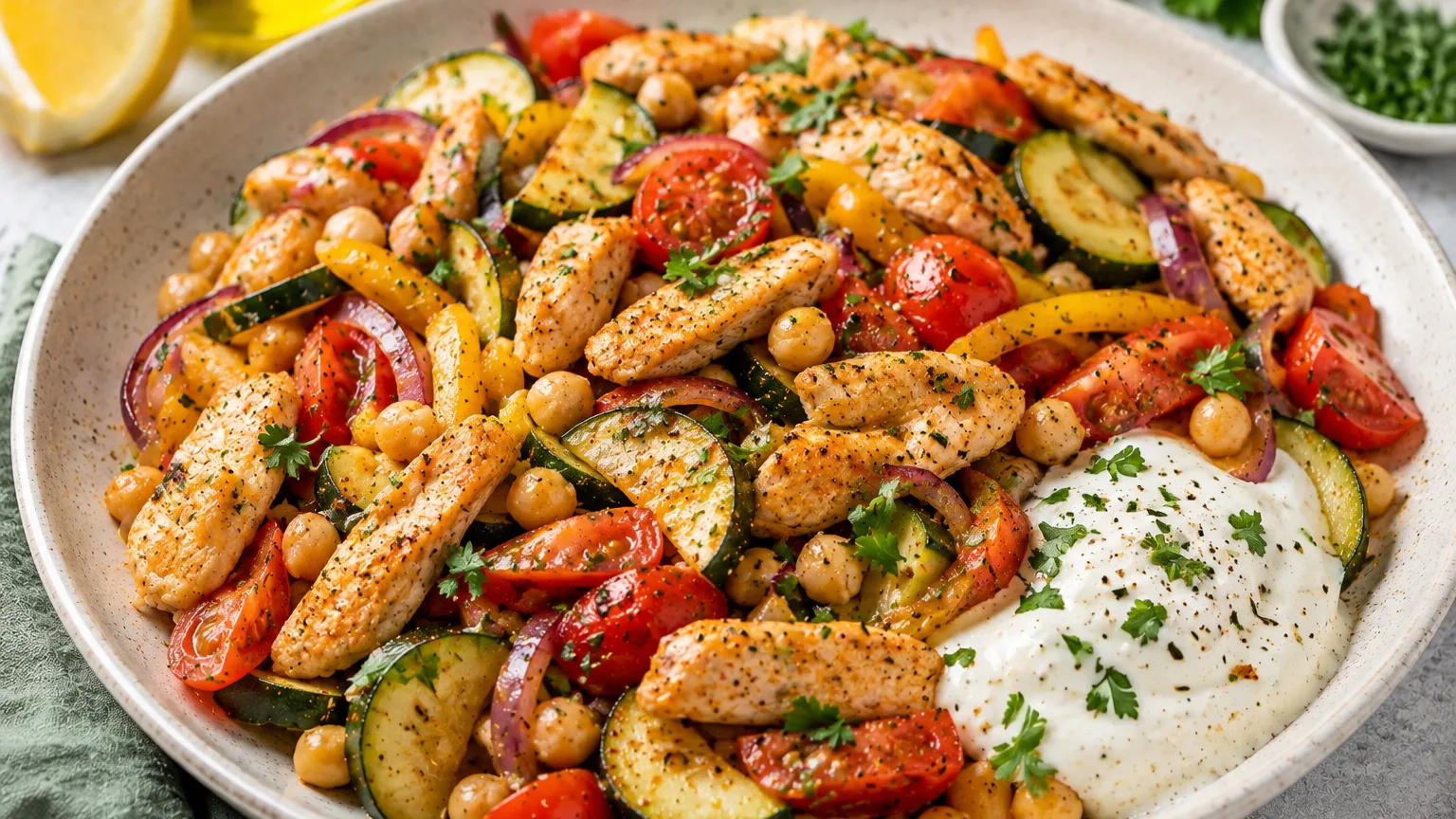 Émincé de poulet aux courgettes, tomates et pois chiches