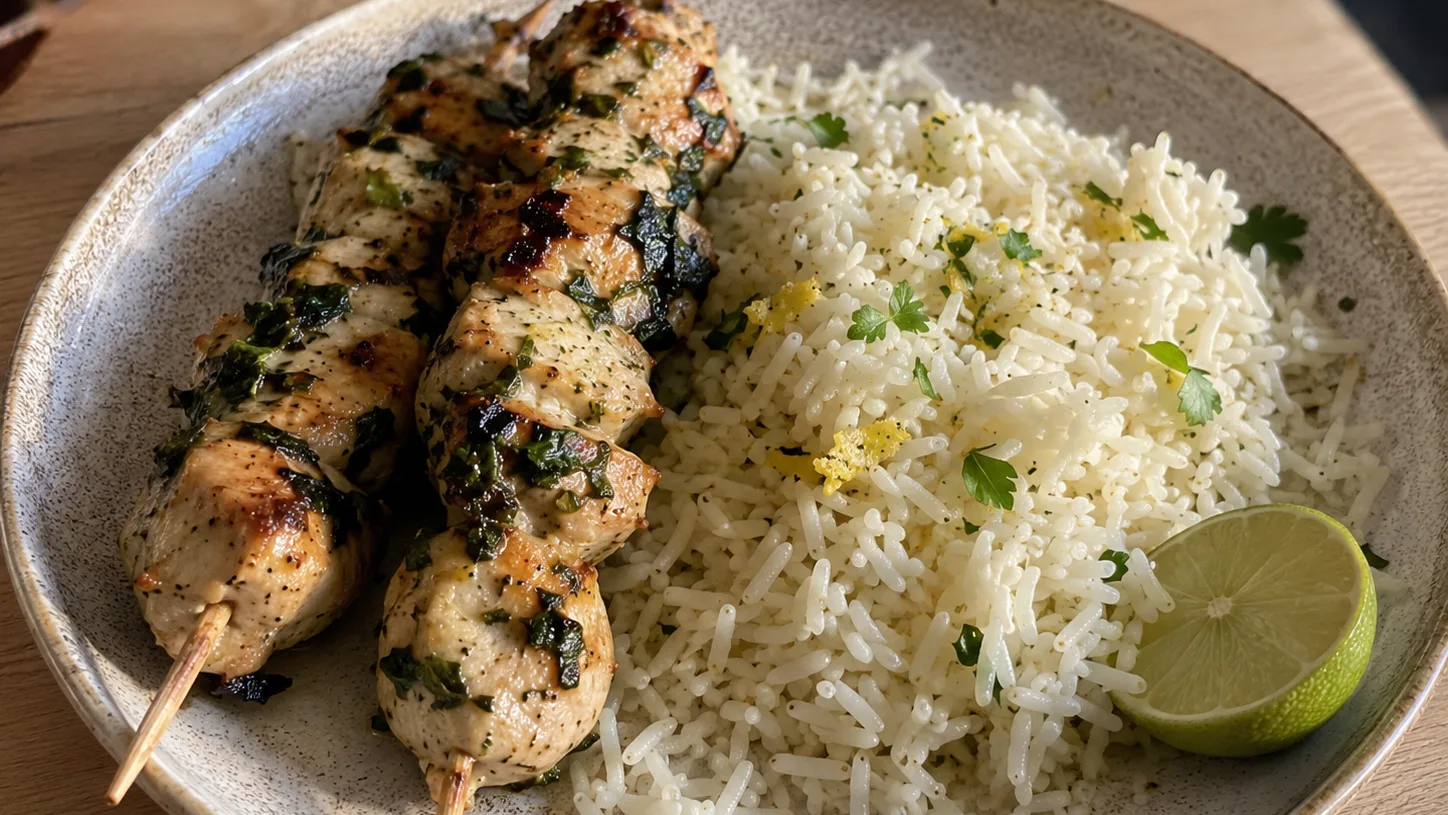 Brochettes de poulet à la coriandre et riz au citron