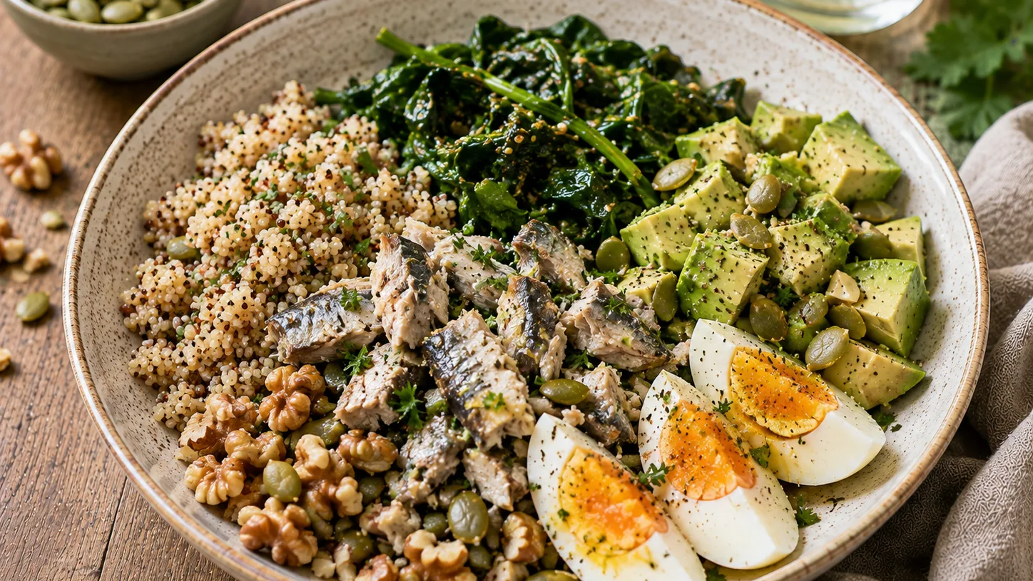 Bowl de quinoa aux sardines, avocat et noix