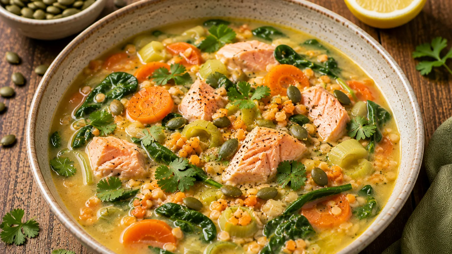 Soupe de saumon, poireaux, carottes et lentilles corail