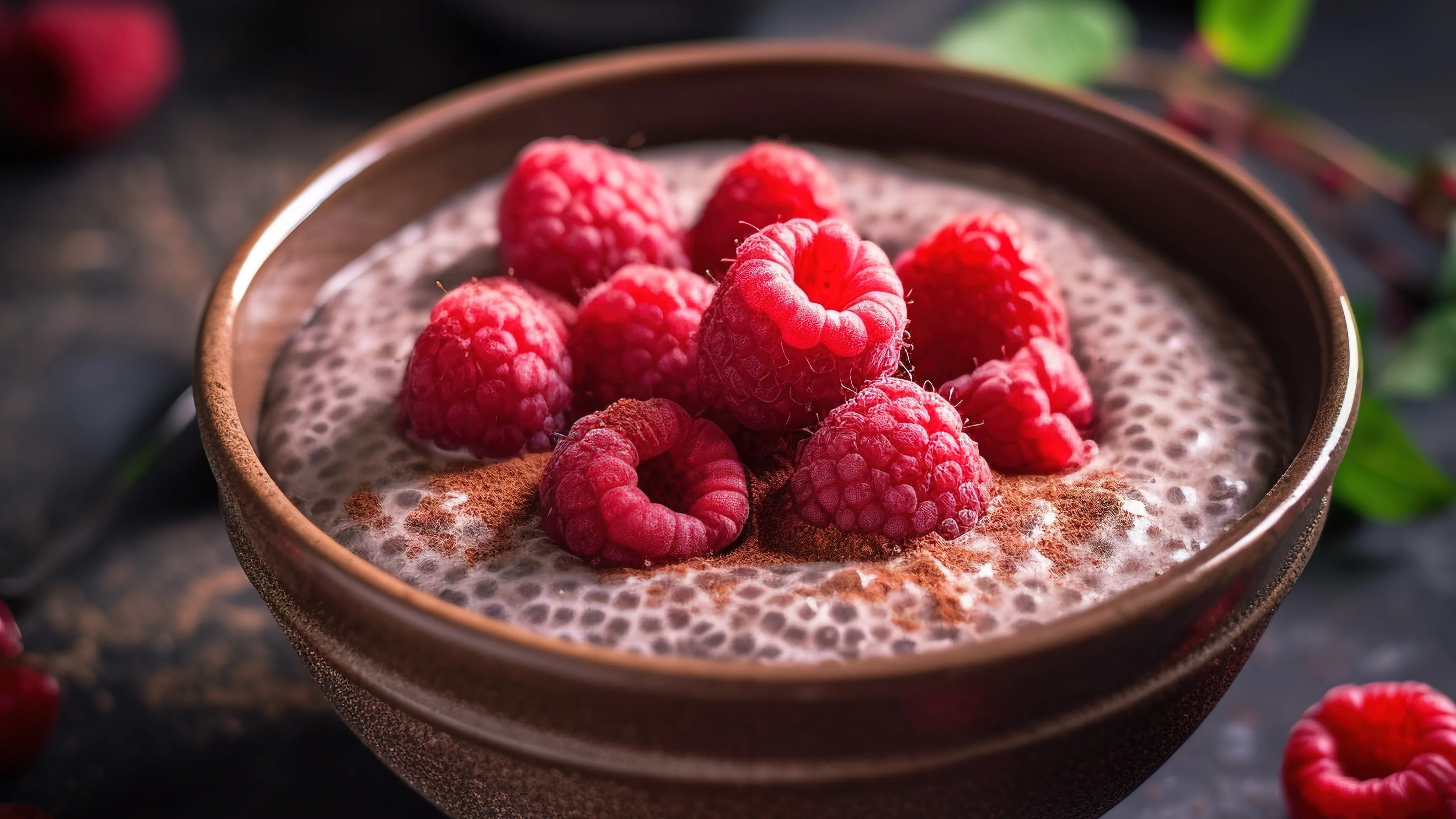 Chia pudding au chocolat noir et aux framboises