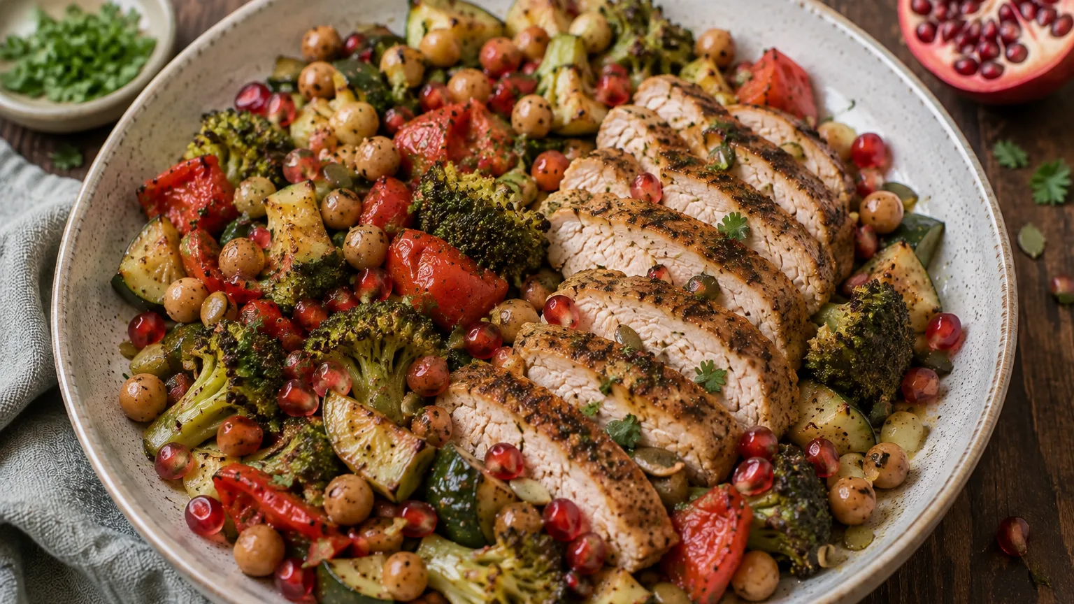 Dinde grillée, pois chiches, brocoli et grenade