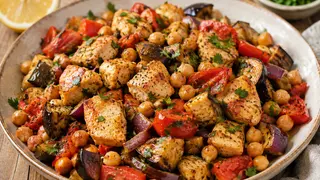Poulet méditerranéen aux pois chiches, aubergines et tomates