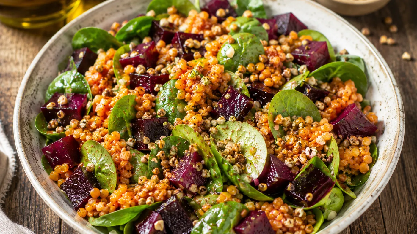Salade de lentilles corail et betterave rôtie au sarrasin