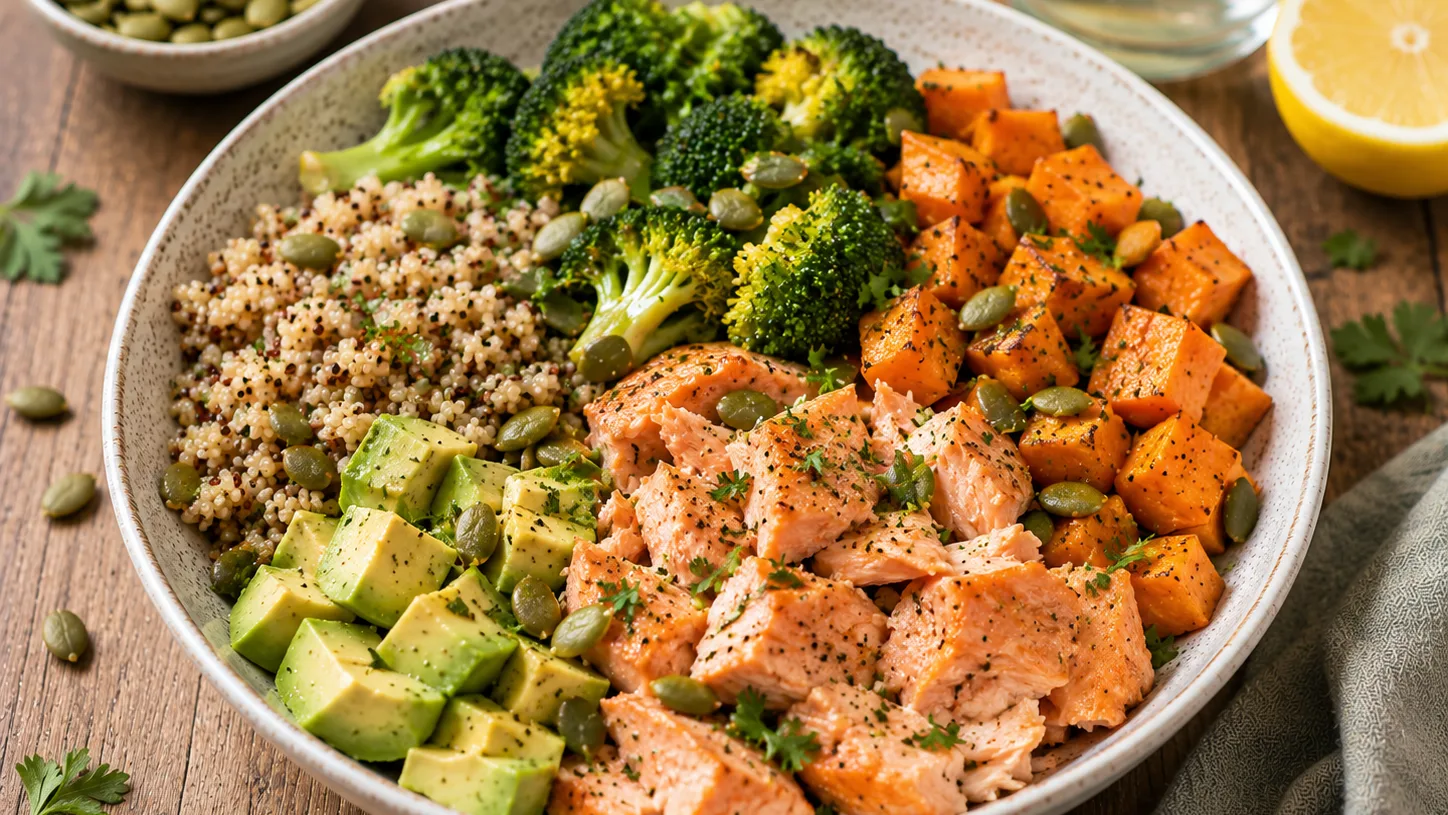 Bowl de saumon, patate douce, brocoli et graines de courge