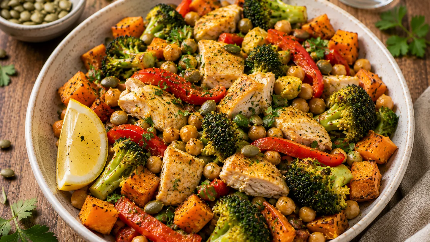 Poulet citronné, patate douce, brocoli et pois chiches