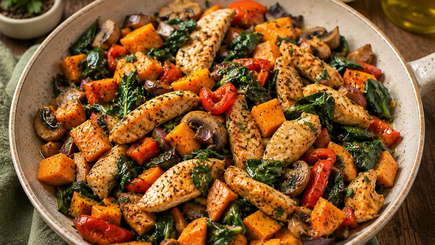 Poêlée de dinde, patate douce et épinards aux herbes