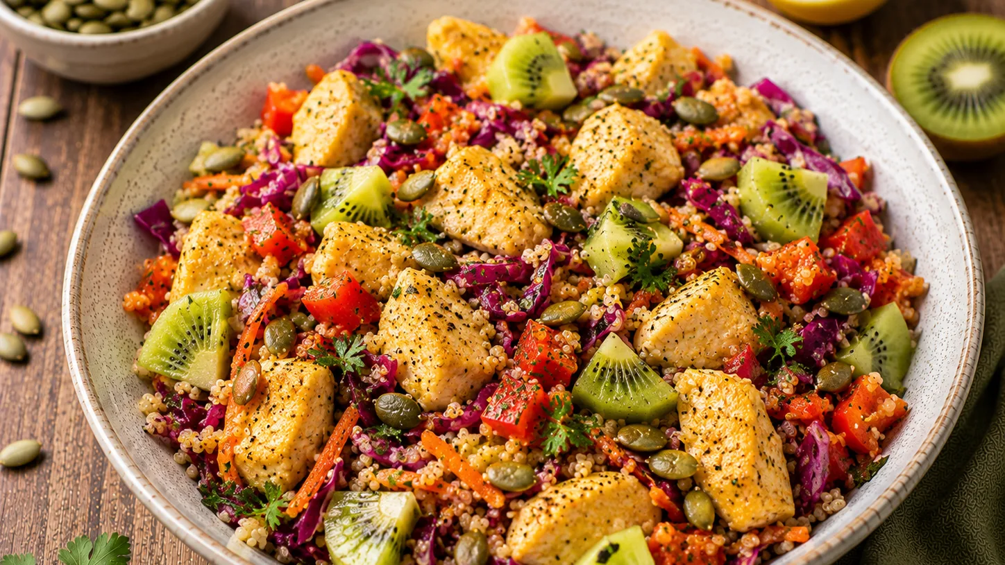 Poulet au citron, quinoa, chou rouge et kiwi